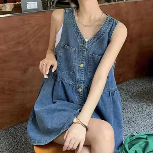 Biyaby Sleeveless Strap Dress Women 2024 Summer Single-Breasted Pockets Denim Dresses Woman Korean Style Loose A Line Mini Dress