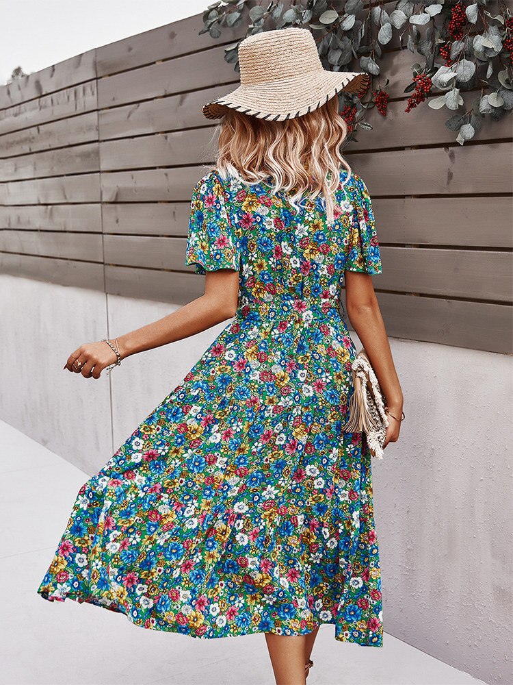 Spring New Short Sleeve Floral Dress Women Casual High Waist Sexy V Neck Print Summer Long Dress