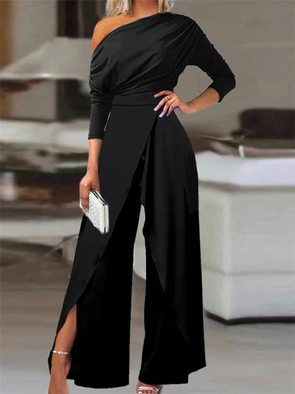 maoxiangshop Elegant Jumpsuits for Women 2024 Spring New Plain Elegant Office Lady Loose Ruched Cold Shoulder Split Hem Wide Leg Jumpsuit