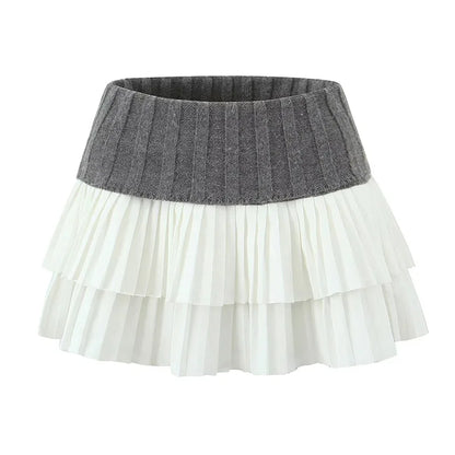 maoxiangshop  -  Sexy Knitted Double Layered Pleated Mini Skirt Women Elegant Sweet High Waist Cake Short Skirts Fluffy Autumn Street Party