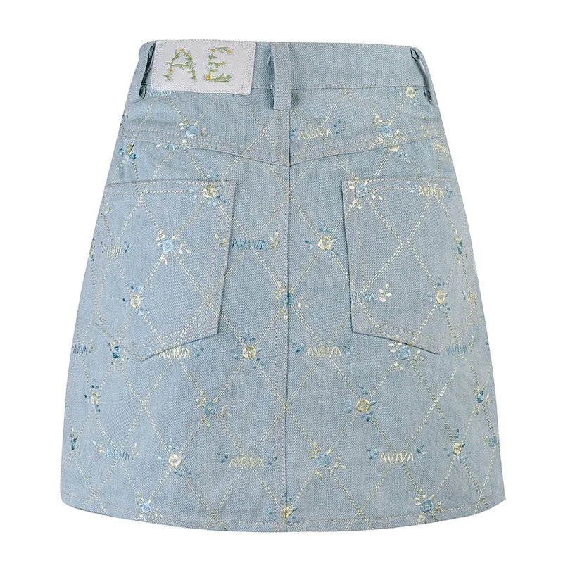 maoxiangshop  -  New Flowers Embroidery Women Denim Skirt Floral Summer Autumn Lady Elegant Fashion Students Sweet Tassel Mini Jean Skirts