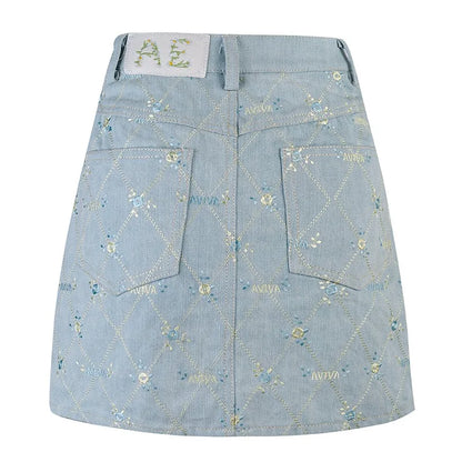 maoxiangshop  -  New Flowers Embroidery Women Denim Skirt Floral Summer Autumn Lady Elegant Fashion Students Sweet Tassel Mini Jean Skirts