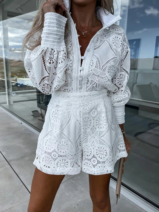 maoxiangshop Pajama for Women Vintage Single Breasted White Lace Women Shorts Sets Long Sleeve Casual Party 2 Pcs Outfits Femme Suit Summer