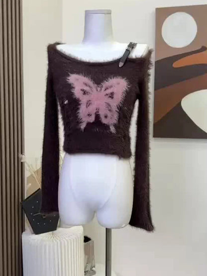Autumn Woman Vintage Harajuku Fashion Gothic Crop Top Off Shoulder Jumper Tide O-Neck Fluffy Sweater Long Sleeve 2000s Aesthetic