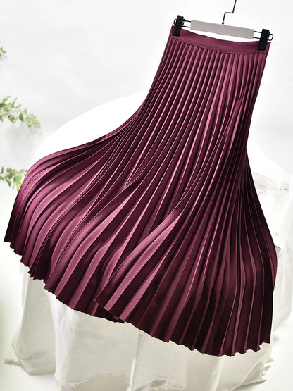 maoxiangshop Brand Designer Women Spring Autumn Elegant Chic Solid Pleated Skirt High Waist Luxury Fashion With Elastic Female