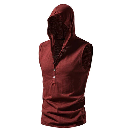 maoxiangshop Summer Men's Hooded Shirts Casual Tank Tops Cotton T-shirt Thin Quick-drying Fitness Sports V-neck Multiple Buttons Tops