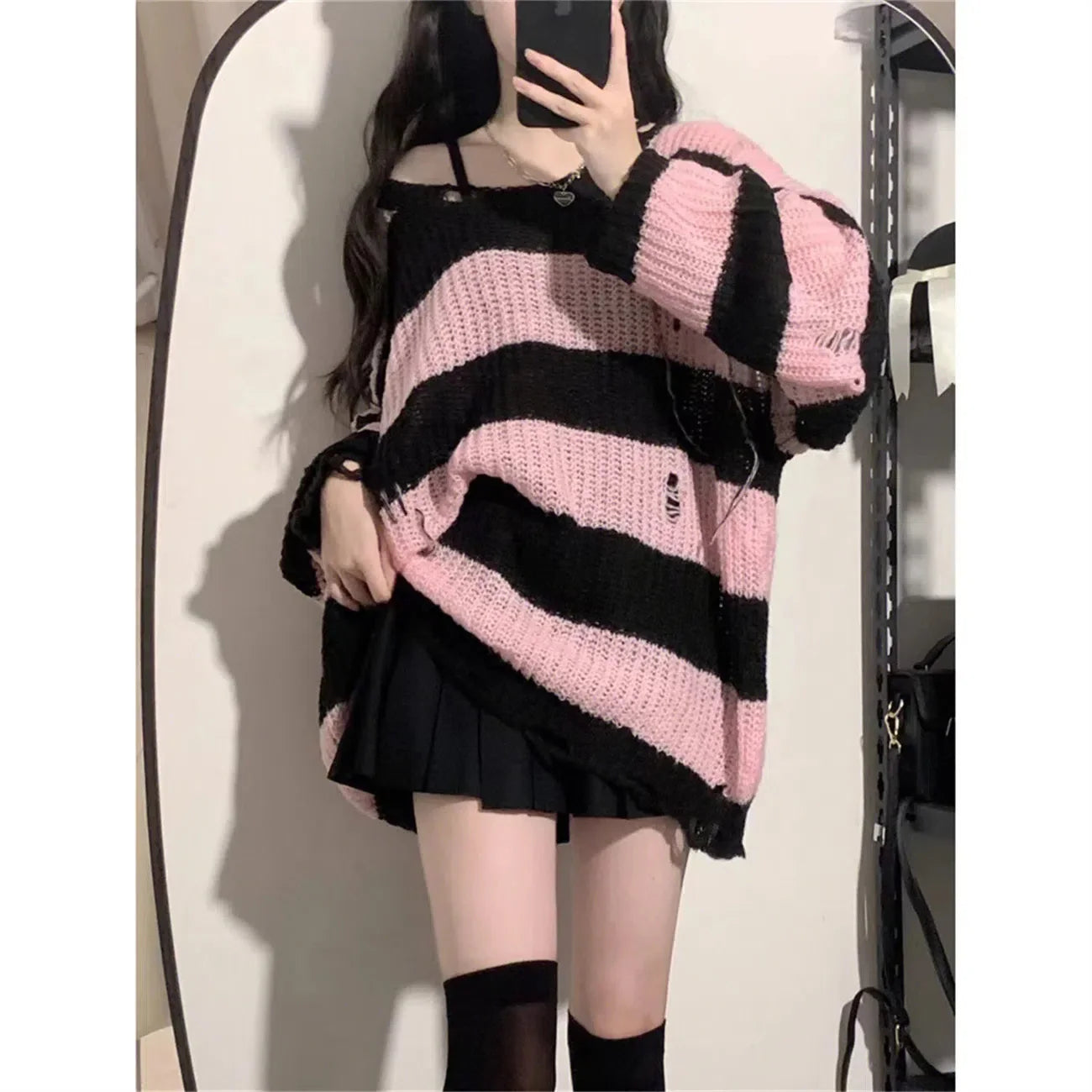 maoxiangshop Y2K Pink Striped Sweaters Women Harajuku Vintage Black Knitted Jumper Grunge Sexy Hole Hollow Out Loose All-match Tops