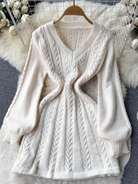 Twist Knitted Dress Women V Neck Lantern Sleeve Mini Female A-line Dresses 2024 Early Spring Solid All-match Lady Short Robe