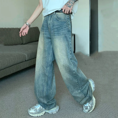 maoxiangshop Korean Style Vintage Men's Denim Pants Fashion Washed Distressed Straight Gradient Jeans Summer Loose Slim Wide Leg