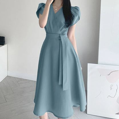 maoxiangshop Women Fashion OL Work Sundress Elegant Summer Short Sleeve Dress Casual Solid A Line Vestido Kaftan Sarafans Robe Femme