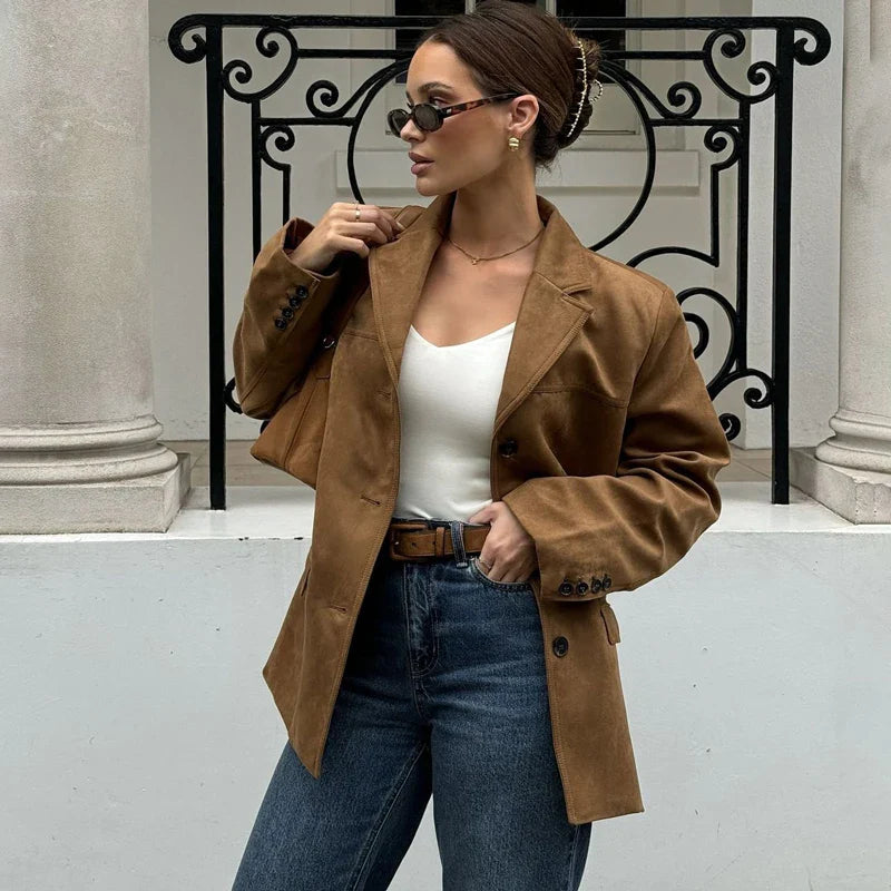 maoxiangshop  -  High Street Suede Jacket Cardigan Women's Long Sleeve Loose Lapel Solid Color Fashion Retro For Women Jacket Autumn and Winter