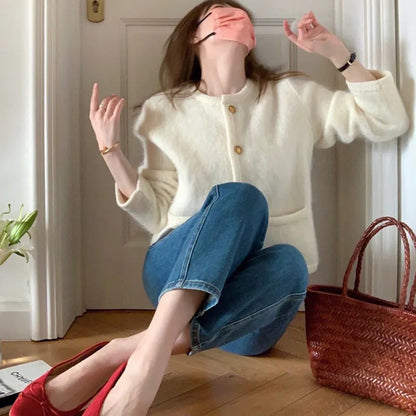 maoxiangshop Elegant Knitted White Jacket Women Round Neck Autumn Winter Fuzzy Cardigan Woman New Long Sleeve Sweater Jacket