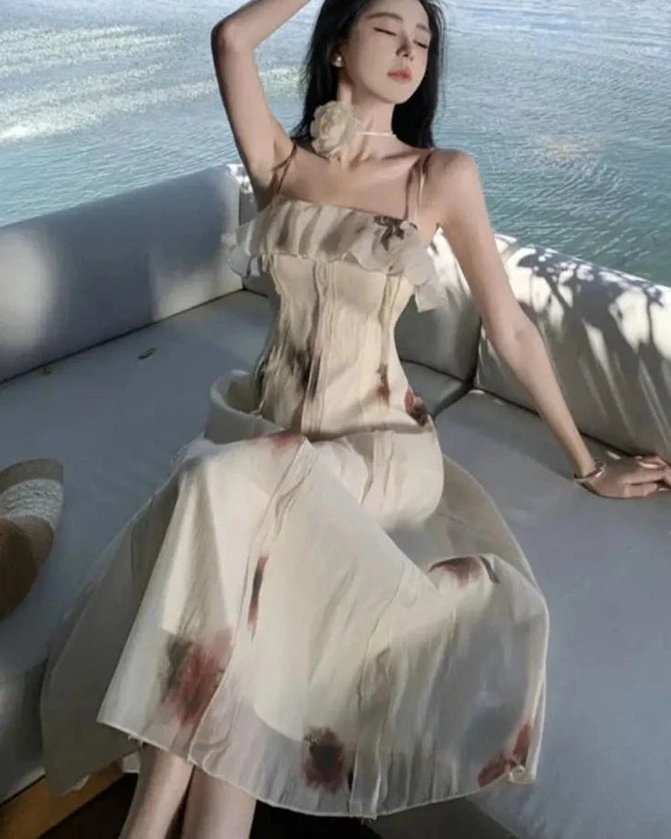 Elegant Ruffles Floral Midi Dresses Summer New Fashion Spaghetti Strap A-line Beach Vestidos Women Holiday Sundress Clothing