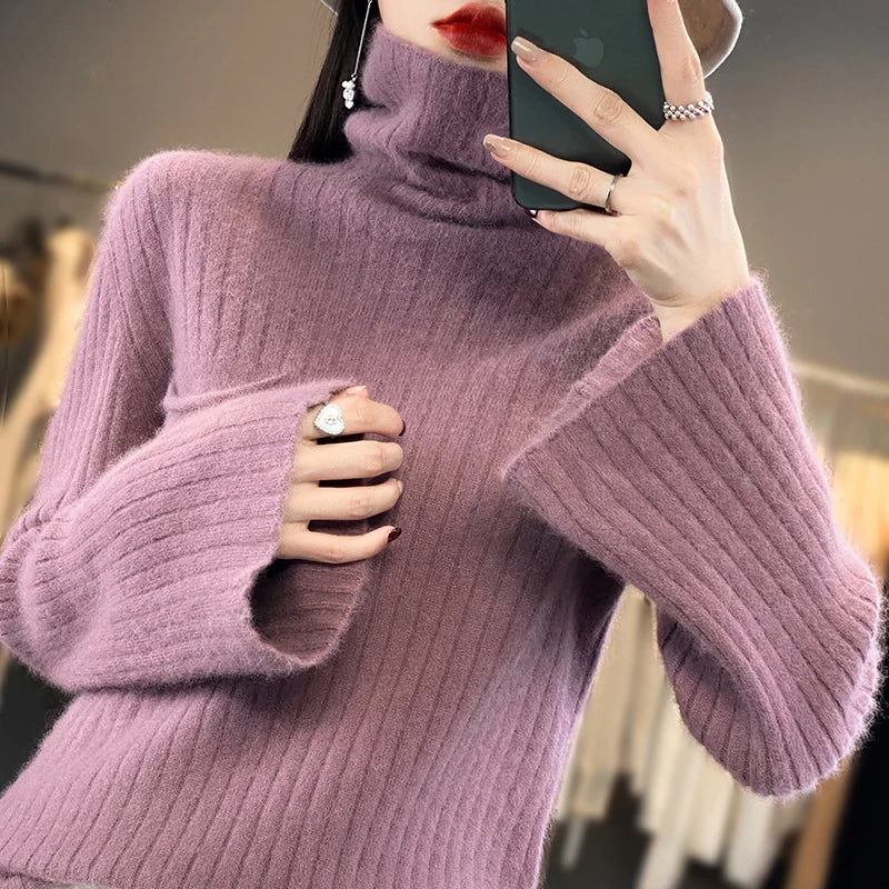 maoxiangshop Pure Mink Cashmere Sweater Women,High Pile Neck Knit Jumper,Wide Strip Large Size Long Sleeves,Autumn,Hot Sale