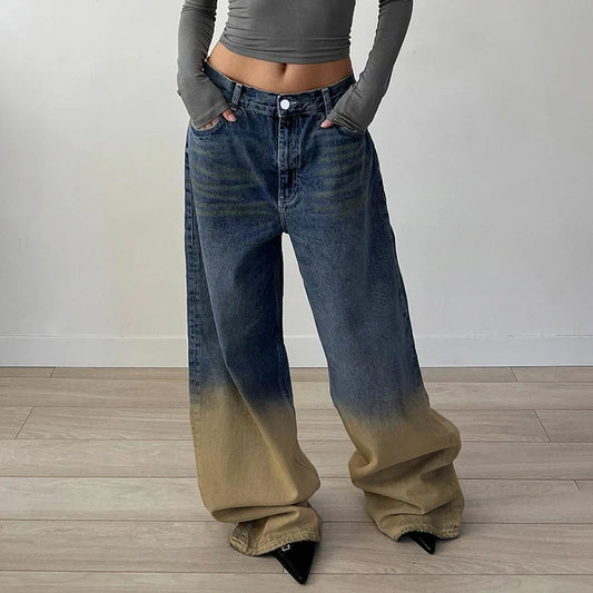 Streetwear Gradient Straight Leg Women Jeans Y2K Vintage Fashion Low Waise Denim Pants Distressed Contrast Color Chic