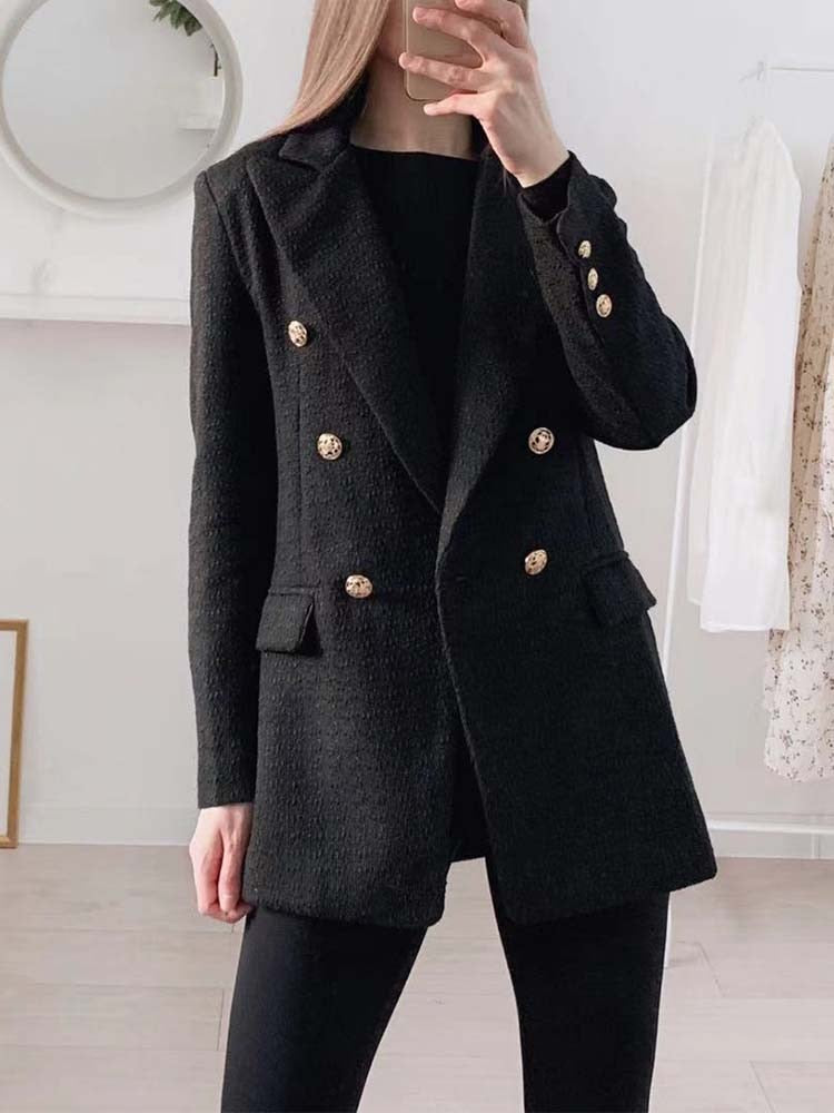 maoxiangshop Blazer Women Traf Fashion Metal Double Breasted Woollen Blazers Coat Vintage Long Sleeve Female Outerwear Chic Tops