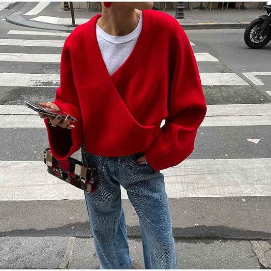 maoxiangshop  -  Loose Casual Red knitted Sweater Female 2024 Fashion Autumn Winter Long Sleeve Pullovers V Neck Splice Women's Solid Top