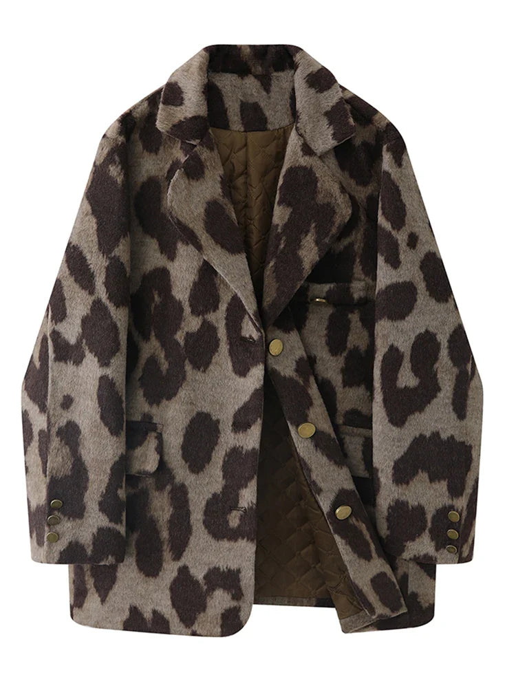 Winter Women Old Money Leopard Print Jacket 90s Vintage Blazer Woolen Coat Single-breasted Outwear Warm Thick Oversize Harajuku