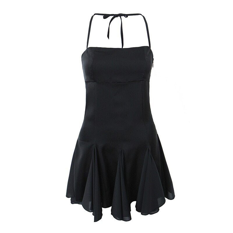 maoxiangshop Spring Summer New Sexy Slim Fashion Women Halter Neck Tie Backless Pleated Short Strap Mini Dress Female