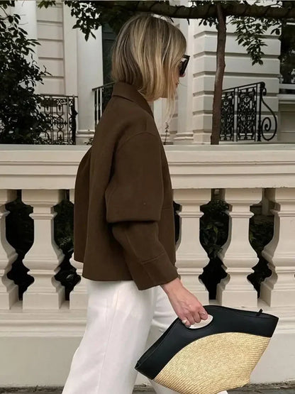maoxiangshop  -  Elegant Women Solid Single Breasted Short Coat Chic Lapel Long Sleeves Pocket Cropped Overcoats Autumn Lady Commuting Outwear