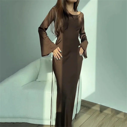 New Elegant Long Dresses Fashion Vintage Simple Round Neck Satin Flare Sleeve Lace Up Slim Evening Party Women Sexy Dress