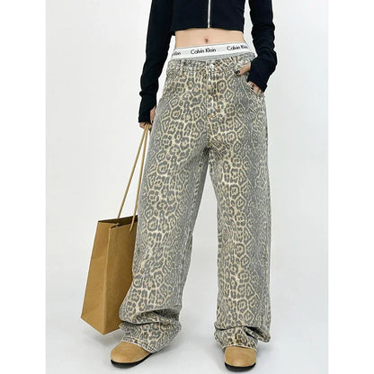 Women's Brown Jeans Leopard Print Retro Straight Tube Baggy Pants Fashion Street Fashion Y2K Jeans New Winter Leggings