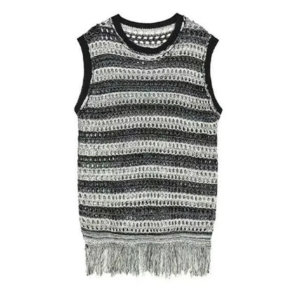 maoxiangshop Striped Mesh Vest for Men Vintage Knit Tank Tops Sleeveless Tee Male Casual Summer Beach Japanese Streetwear Hip Hop
