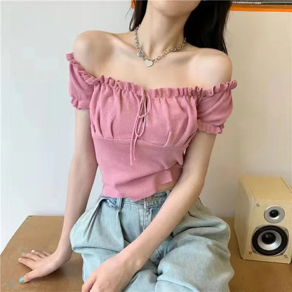 maoxiangshop 2024 New Summer Fashion Y2K T-shirt Woman Sleeveless Shoulder Off Sexy Clothes Crop Top Women Pleated Bandage Tee Shirt Femme