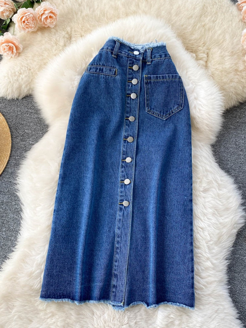 maoxiangshop Long Denim Skirt for Women maoxiangshop Korean Fashion Vintage Tassels High Waist Single Breasted A-line Jeans Skirt with Pockets