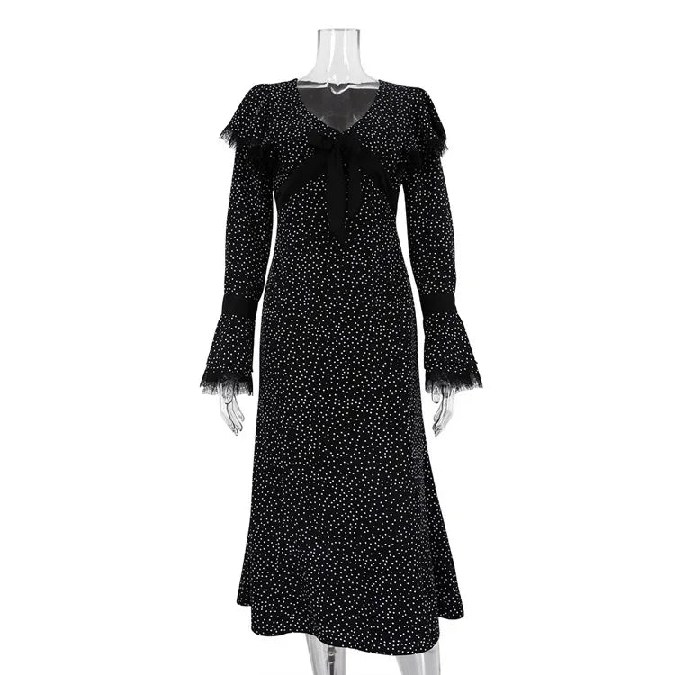 maoxiangshop  -  Women Ruffles A-line Long Vintage Dress Autumn New Women Elegant Long Dress Female Lace Polo Long Sleeve Slim Dot Dresses