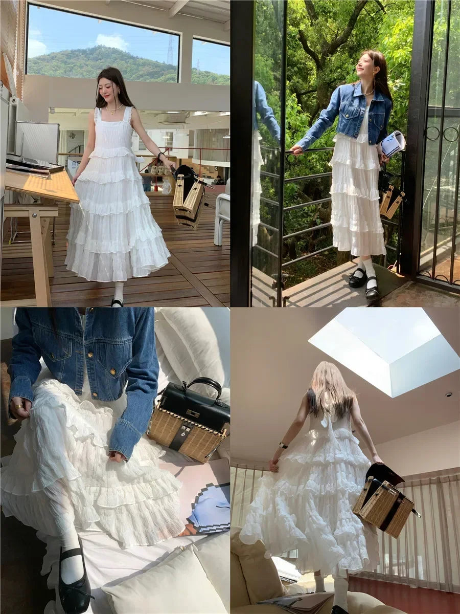 White Dress Elegant Summer Soft And Flowing Hem Cloud Oversized Cake Skirt French Square Neck Slimming Dress Femme