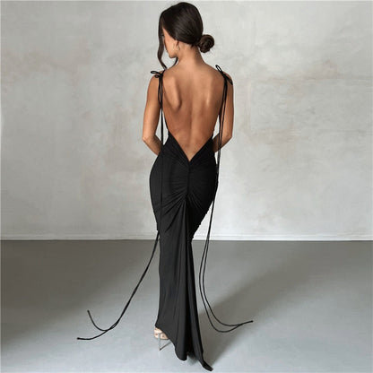maoxiangshop Backless Maxi Dress Elegant Red Long Sleeve Sexy Ruched Bodyocn Evening Party Dress for Women Spring Slim Christmas Outfits