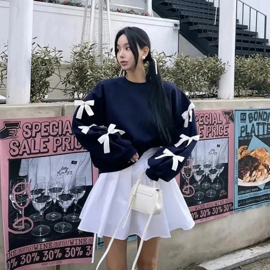 maoxiangshop  -  Korean Style Bow Design Sweatshirt Top Women Autumn New Casual Loose 2024 Fashion Long Sleeved Round Neck Suit K Pop Clothes