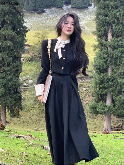 Fashion Hight Waist Skirt 2 Piece Set Korean Elegant Single Breasted Short Coat Outfits Women Princess Evening Party Clothes