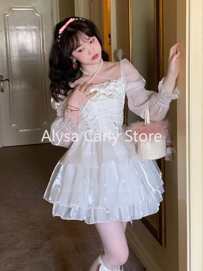 Japanese Sweet Fairy Lolita Dress Women White Mesh Elegant Princess Dress Female Bow Casual Evening Party Dress Summer Slim