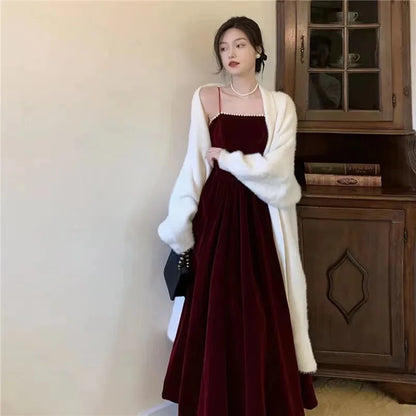 maoxiangshop Women's Dress New Red Velvet Long Dress Sling Pearl Neck Tube Top Back Zipper Backless Sexy Elegant Chic High Sense Dress