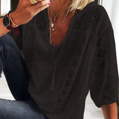 maoxiangshop Fashion Hollow Out Tops Summer V-neck Short Sleeve Cotton White Shirt Women Casual Loose Stitching Lace Blouse Blusas