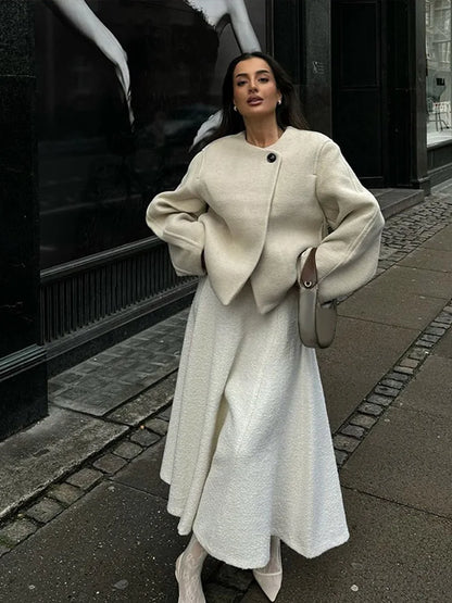 maoxiangshop  -  Chic Woolen Women's Short Coats O Neck Long Sleeve One Button Coat 2024 Autumn Winter Elegant Female Commute Outerwears