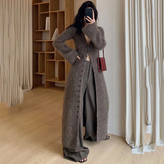 maoxiangshop  -  Casual Loose Long Cardigan Coats Korean Vintage V-neck Knit Jackets Women Fashion Fall Winter Tops Long Sleeve Knitwear Jacket