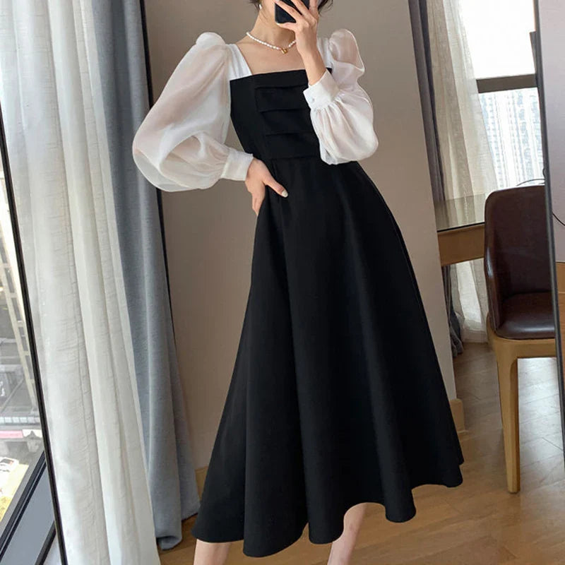 Korean Black Dress Women Elegant Fashion Summer Office Ladies High Waist Dress Chiffon Patchwork Square Collar A Line Vestidos