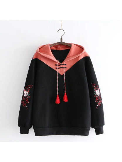 maoxiangshop Women Hoodies Fleece Thick Cute Fox Embroidery Winter Autumn  Pullovers Jumpers Japanese Hooded