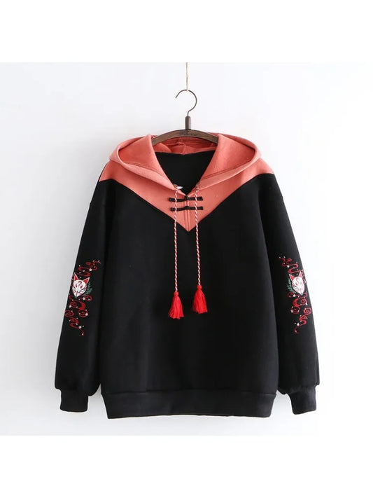 maoxiangshop Women Hoodies Fleece Thick Cute Fox Embroidery Winter Autumn  Pullovers Jumpers Japanese Hooded