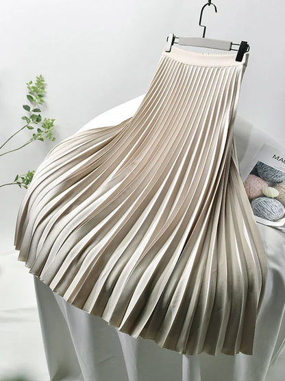 maoxiangshop Brand Designer Women Spring Autumn Elegant Chic Solid Pleated Skirt High Waist Luxury Fashion With Elastic Female