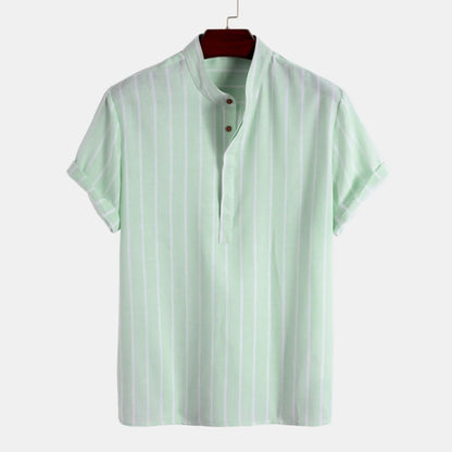 maoxiangshop Summer Blouse Male Casual Stripe Printing Shirt Short Sleeve Stand Collar Blouse Tops For Mens Outdoor Beach Shirts рубашка