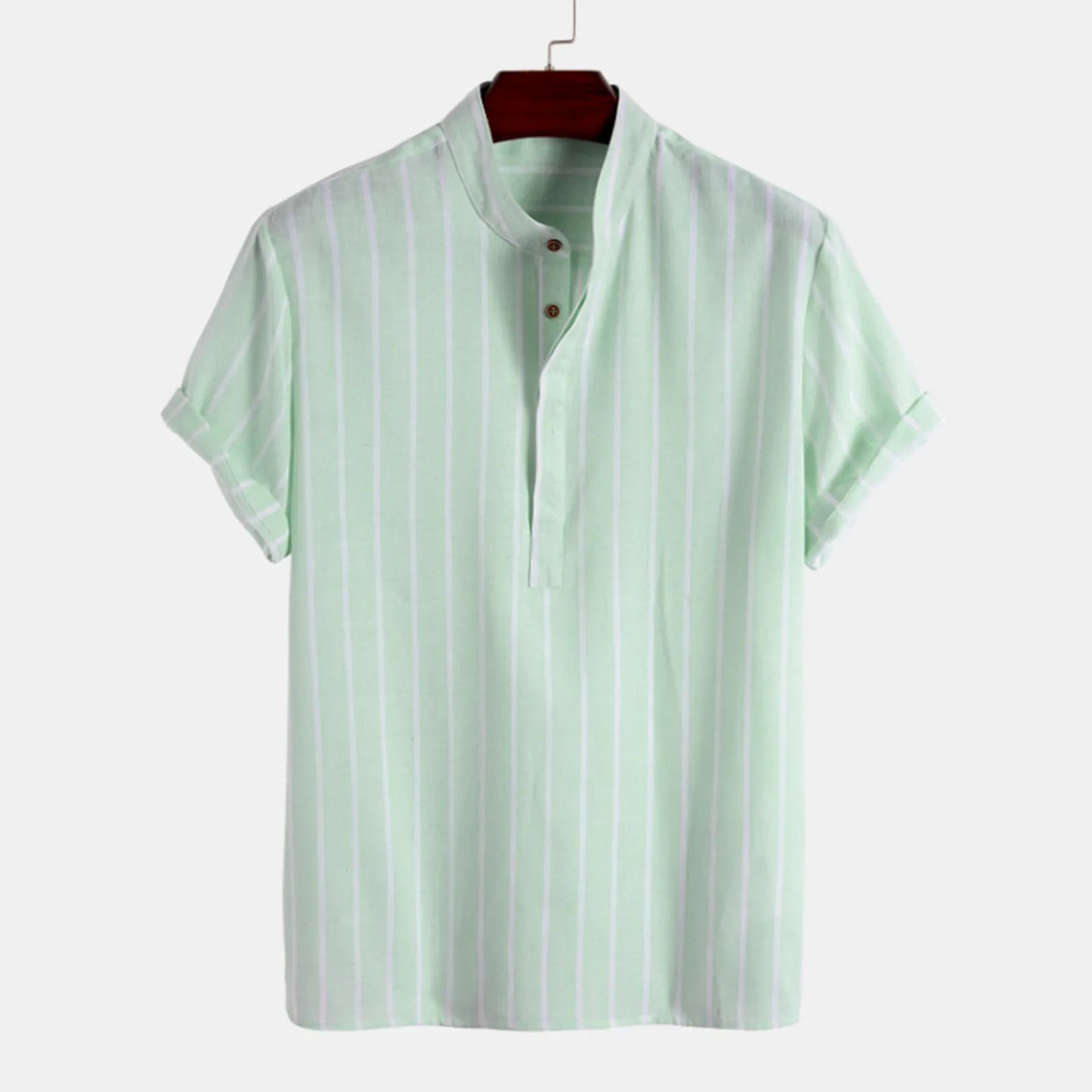 maoxiangshop Summer Blouse Male Casual Stripe Printing Shirt Short Sleeve Stand Collar Blouse Tops For Mens Outdoor Beach Shirts рубашка