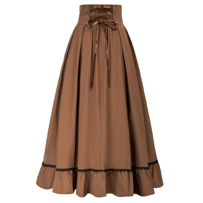 maoxiangshop Women Renaissance Swing Skirt High Waist Ruffled Hem Maxi Skirt Vintage Long Length Skirts With Pockets Office Workwear A20