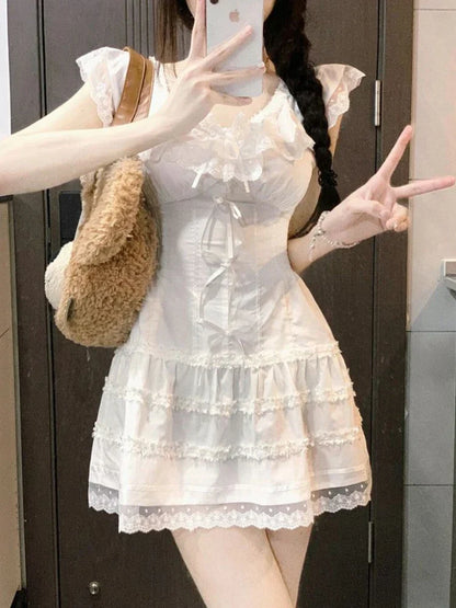 Y2k Coquette White Lolita Sweet White Kwaii Cute Mini Dress Women Lace Bow Princess Slip Lace Short Dresses 2024 Fashion