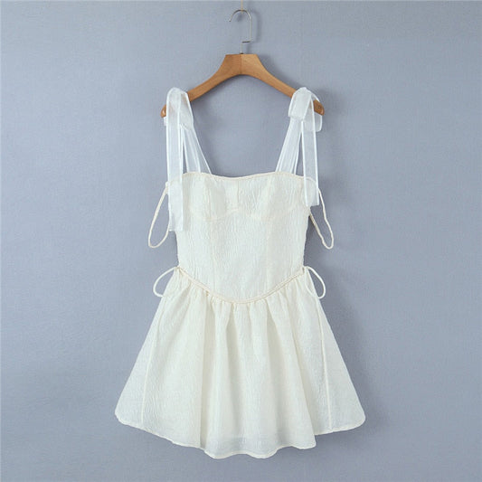 maoxiangshop White Strap Dress  Spring Summer New Sexy Holiday Fashion Slim Waist Hollow Tie Short Mini Dress For Women