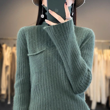 maoxiangshop Pure Mink Cashmere Sweater Women,High Pile Neck Knit Jumper,Wide Strip Large Size Long Sleeves,Autumn,Hot Sale