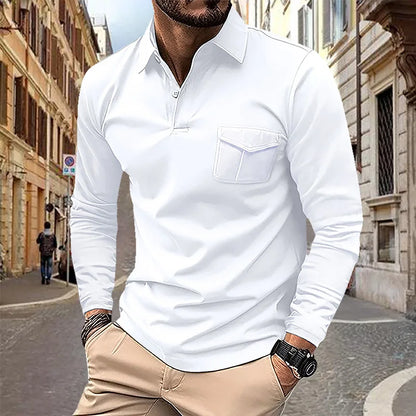 maoxiangshop 2024 Autumn Men's Polo Shirt Lapel Pocket T-shirt Men's Breathable Business Casual Long sleeved
